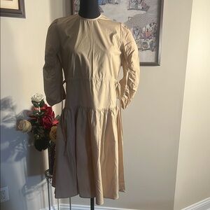 Tan Dress with Gathered Sleeves and a Crew Neck